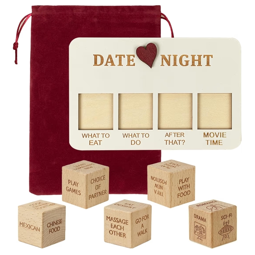New Date Night Wooden Dice Game Set - Red Velvet Pouch